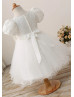 Puff Sleeves Beaded Ivory Lace Tulle Flower Girl Dress